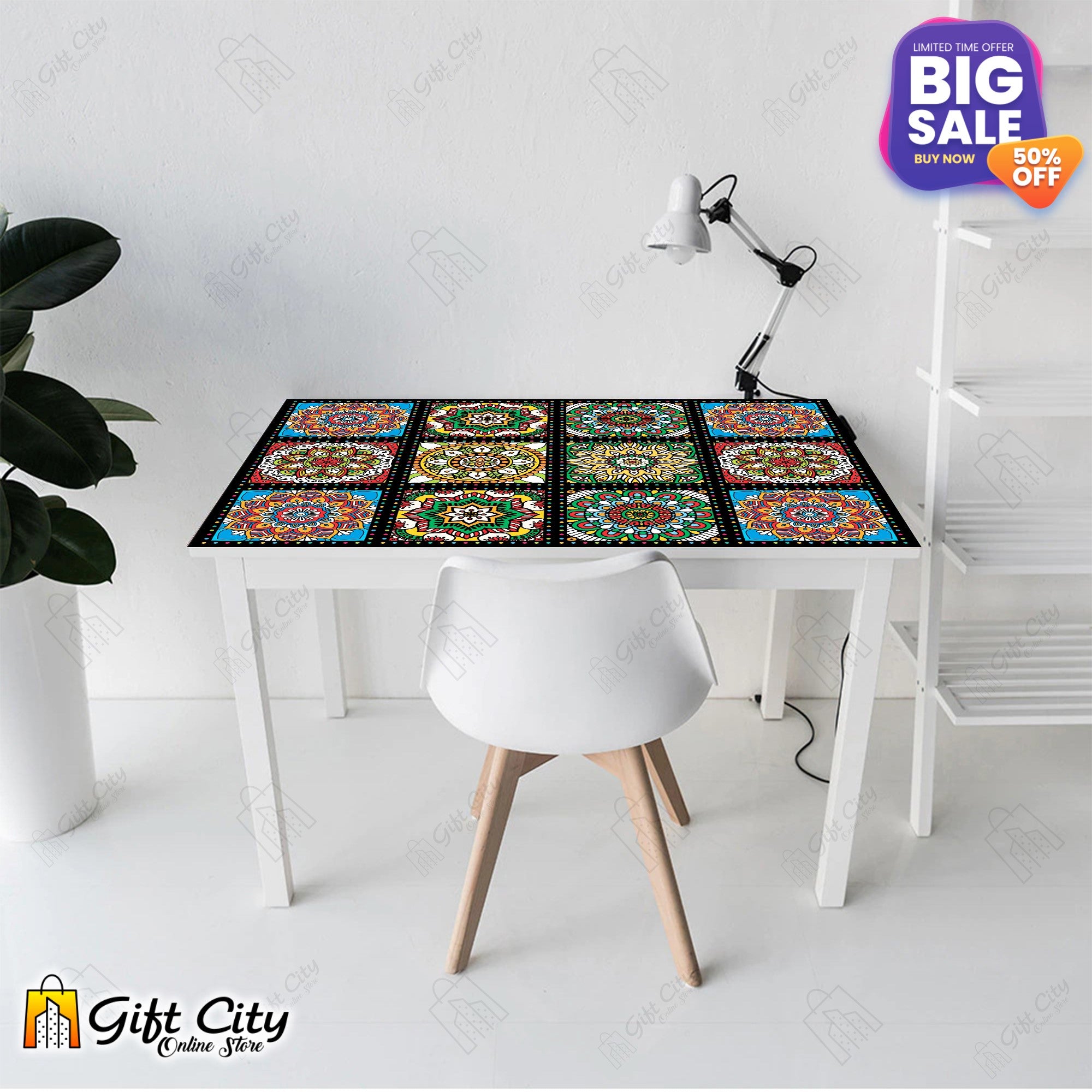 Colorful Mandala Pattern with Black Border Tile Stickers