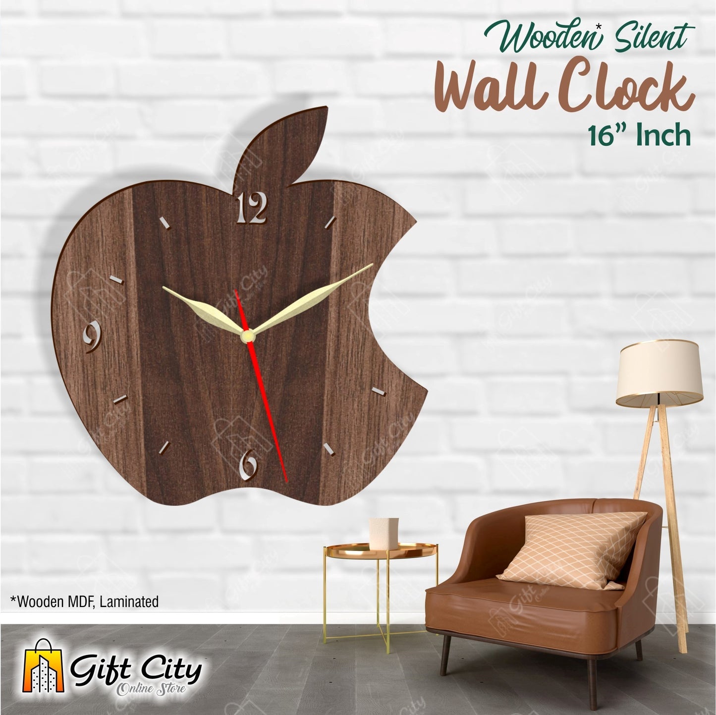 Apple 3D Silent Wooden Wall Clock