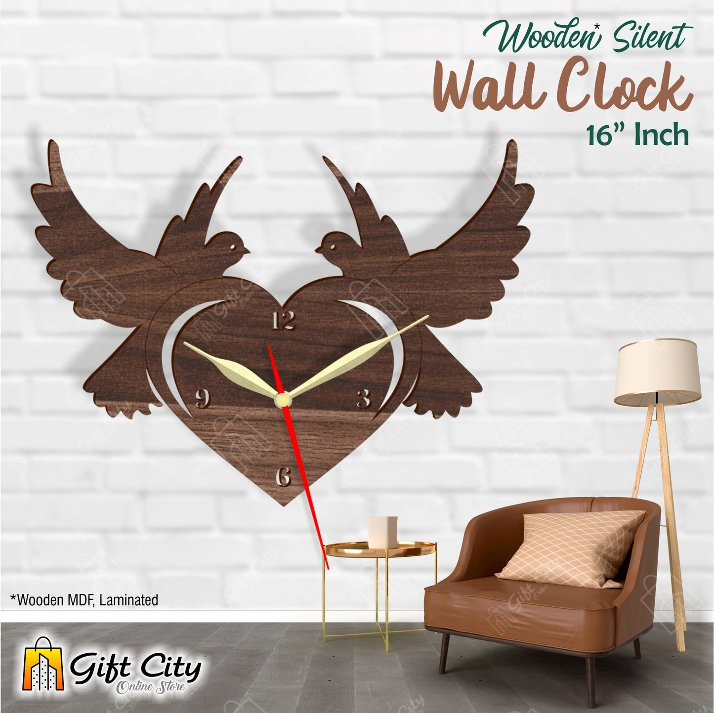 Love Birds with Heart 3D Silent Wooden Wall Clock