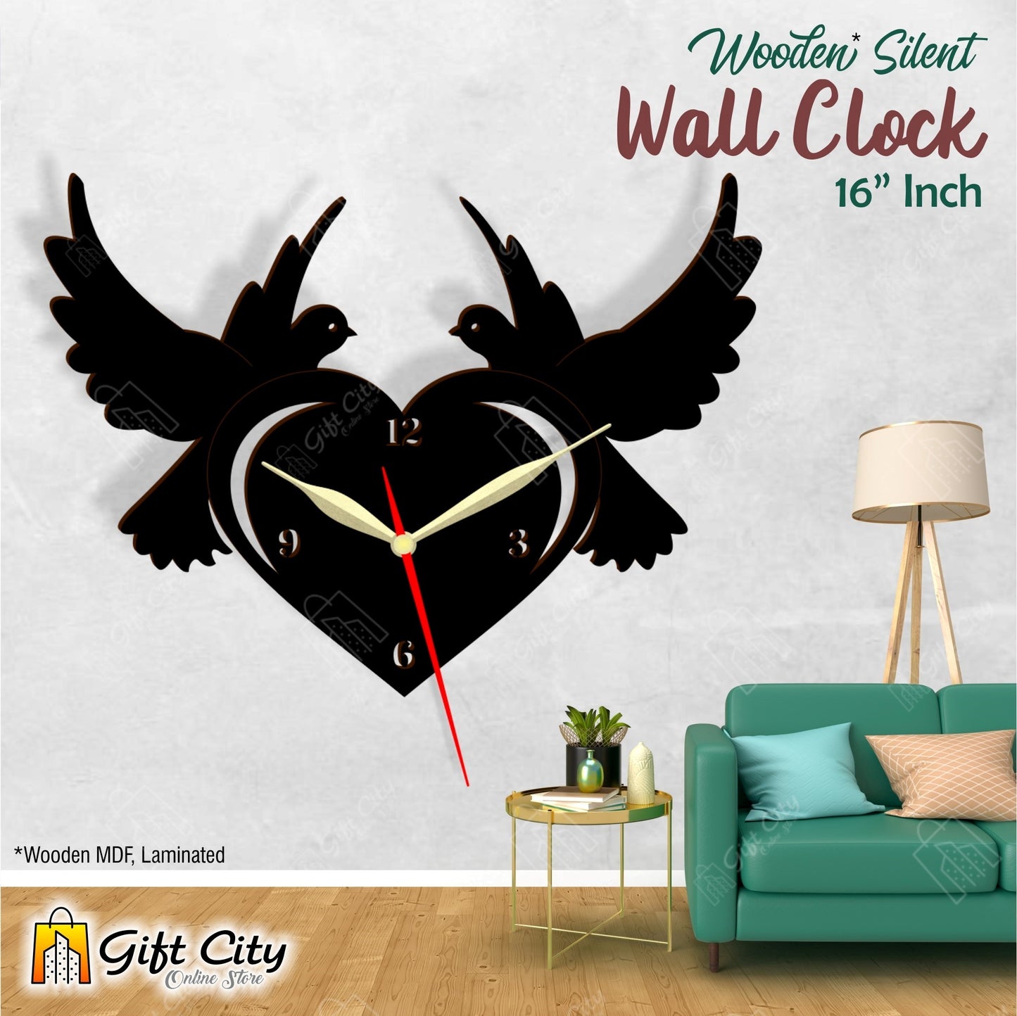 Love Birds with Heart 3D Silent Wooden Wall Clock